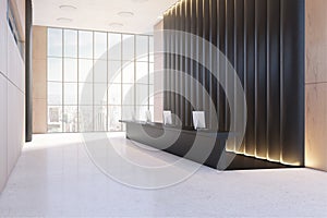 Modern black and wooden office lobby with reception desk and windwo with city view. Waiting area concept.