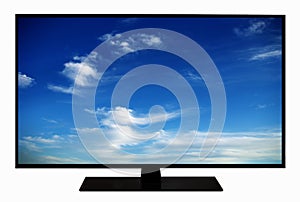 Modern blank flat screen TV set, LCD Television isolated on white background,4K display with blue sky and clouds.Tv media concept.