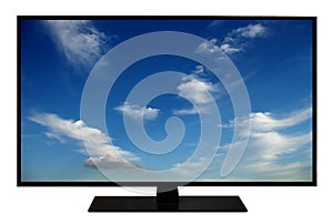 Modern blank flat screen TV set, LCD Television isolated on white background,4K display with blue sky and clouds
