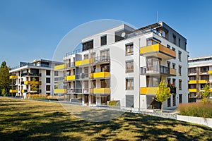 Modern block of flats with yellow balconies