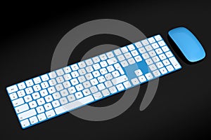 Modern blue aluminum computer keyboard and mouse isolated on black background.