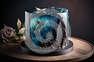 Modern blue cake with chocolate velor and isomalt decor, AI generated