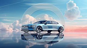 a modern blue car with beautiful colored sky generative AI