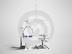 Modern blue chair for dental office with dentistry tool 3d render on gray background with shadow