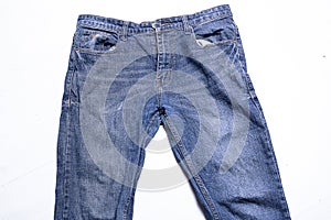Modern blue denim jeans isolated on white. nobody.