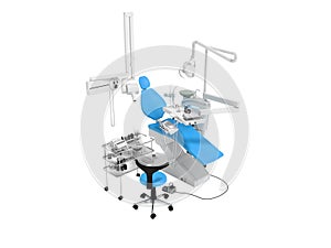 Modern blue dental chair and bedside table with tools and appliances for dentistry perspective 3d render on white background no s