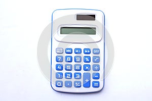 Close up  Modern blue digital calculator is on a white background.