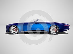 Modern blue electric car convertible car left side view 3d render on gray background with shadow
