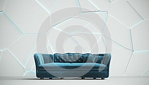 Modern blue fabric sofa chesterfield style in white room interior with structured cracked wall. 3d render