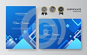 Modern blue futuristic certificate of achievement template with gold badge and border. Premium luxury minimal certificate template