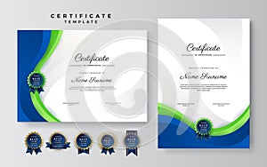 Modern blue and green certificate of achievement template with gold badge and border