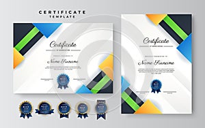 Modern blue green orange and black certificate of achievement template with gold badge and border