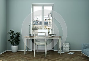 Modern blue home office interior design 3d Rendering