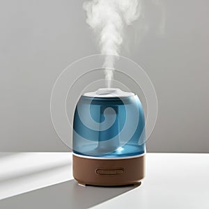 Modern blue humidifier releasing mist in minimalist setting