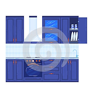 Modern blue kitchen interior with cabinets, appliances, and dishes. Clean and organized kitchen design. Home interior