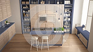 Modern blue kitchen with wooden details in contemporary luxury apartment with parquet floor, vintage retro interior design,