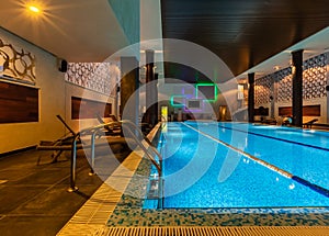 Modern blue on light backdrop. Water - swimming pool. Trendy design.