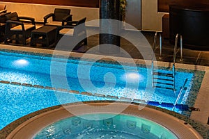 Modern blue on light backdrop. Water - swimming pool. Trendy design.