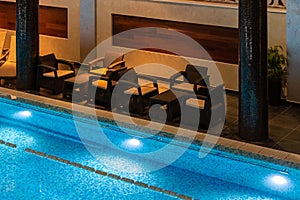 Modern blue on light backdrop. Water - swimming pool. Trendy design.