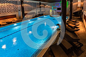 Modern blue on light backdrop. Water - swimming pool. Trendy design.