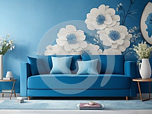 Modern blue living room design with sofa and flowers