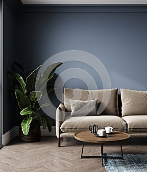 Modern blue living room interior design with brown sofa, 3d rendering