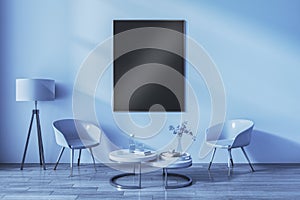 Modern blue living room interior with furniture and empty black mock up poster. Mock up