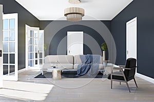 Modern blue living room interior with furniture, wooden floor, sofa with pillows, balcony doors, city view and sunlight. 3D