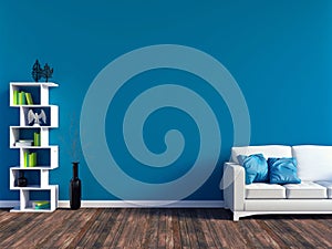 Modern blue living room interior - white leather sofa and blue wall panel with space