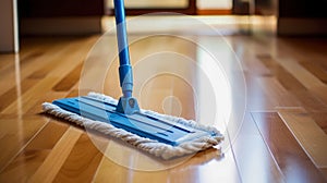 Modern blue mop with microfiber standing on the wooden parquet floor. Process of cleaning room. Concept supporting house hygiene