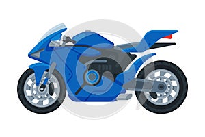 Modern Blue Motorcycle, Motor Vehicle Transport, Side View Flat Vector Illustration