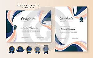 Modern blue pink certificate of achievement border template with luxury badge and modern line pattern. For award, business, and