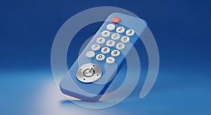 Modern blue remote control with illuminated power button