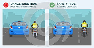 Modern blue sedan car and sport motorcycle on a city highway. Safety and dangerous ride. Keep a safe distance infographic.