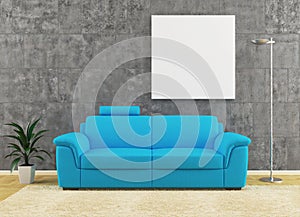 Modern blue sofa on dirty wall interior design