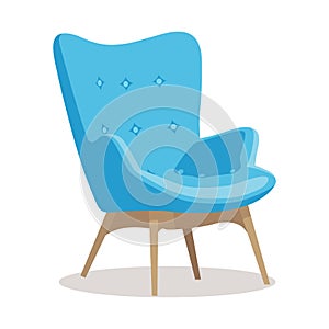 Modern blue soft armchair with upholstery - interior design element isolated on white background.