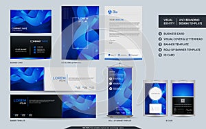 Modern blue stationery mock up set and visual brand identity with abstract colorful dynamic background shape