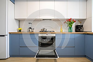 Modern blue-teal kitchen interior, furniture front view