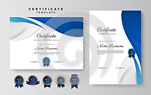 Modern blue and white certificate of achievement template with gold badge and border