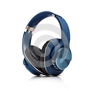 Modern blue wireless headphones isolated on white background