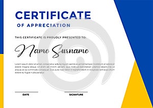 Modern blue and yellow certificate template with abstract shapes design