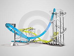 Modern blue yellow water slides amusement for the water park behind 3d rendering on gray background with shadow