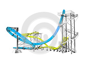 Modern blue yellow water slides amusement for the water park behind 3d rendering on white background no shadow