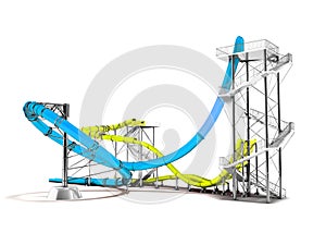 Modern blue yellow water slides amusement for the water park behind 3d rendering on a white background with shadow