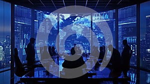 modern boardroom with executives analyzing data on global map display