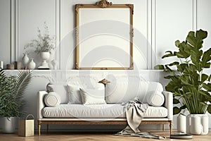 Modern Boho Living Room Interior, Mockup Photo Frame, The White Couch Near Empty White Wall - Generative AI