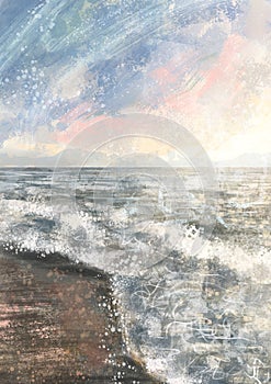 Modern Boho Sea Beach with Waves Art Print. Abstract Minimal Background. Bohemian printable wall art, boho poster