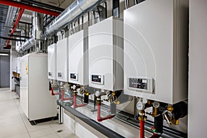 Modern boiler room with gas boilers, industrial heating