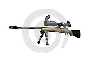 A modern bolt-action sniper rifle with a telescopic sight sits on a bipod. Weapon for long-range shooting. Armament of the army