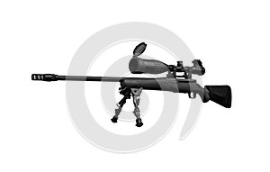 A modern bolt-action sniper rifle with a telescopic sight sits on a bipod. Weapon for long-range shooting. Armament of the army